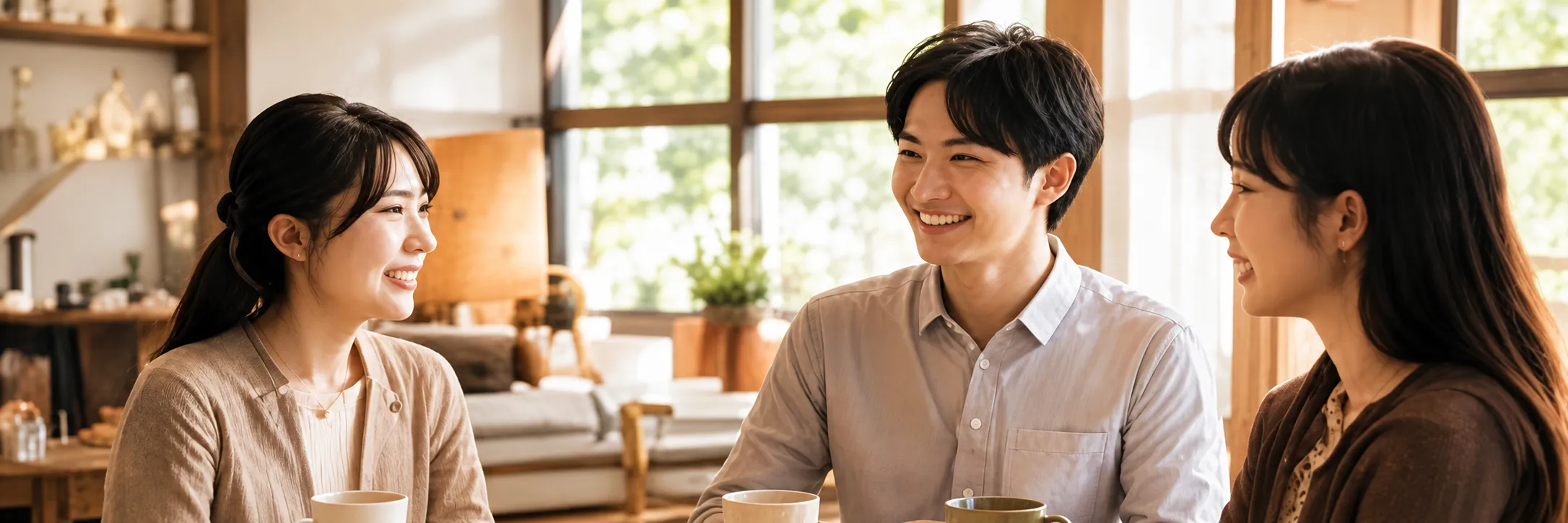 カフェで談笑する紹介者と男女